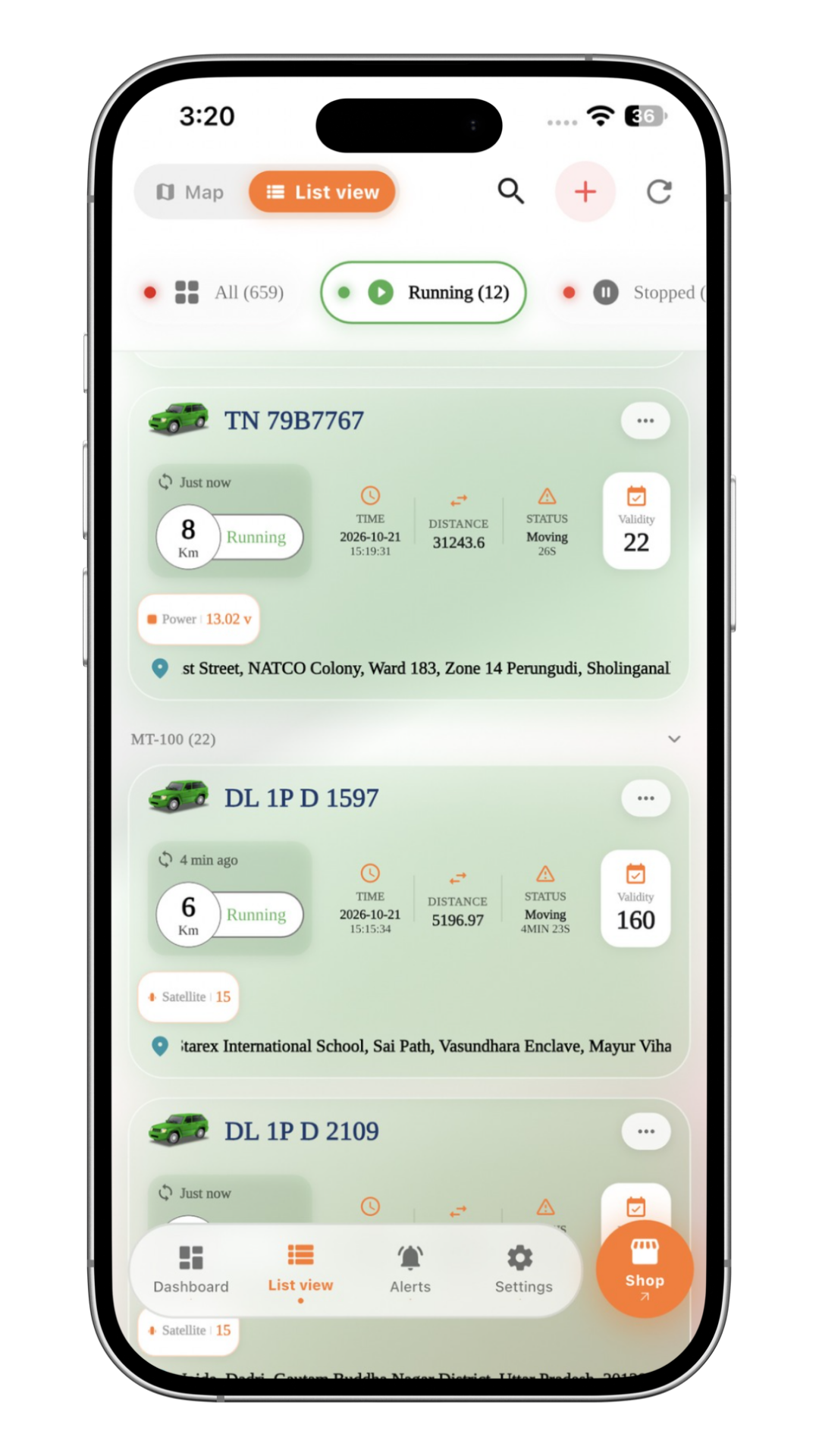 Hype GPS app — Vehicle list